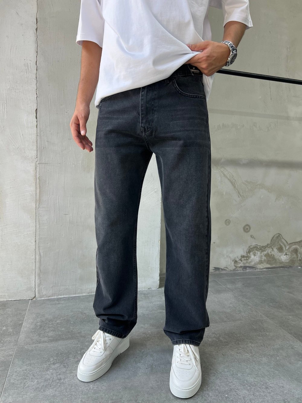 Siyah Yıkamalı Detaylı Loose Fit Baggy Jean