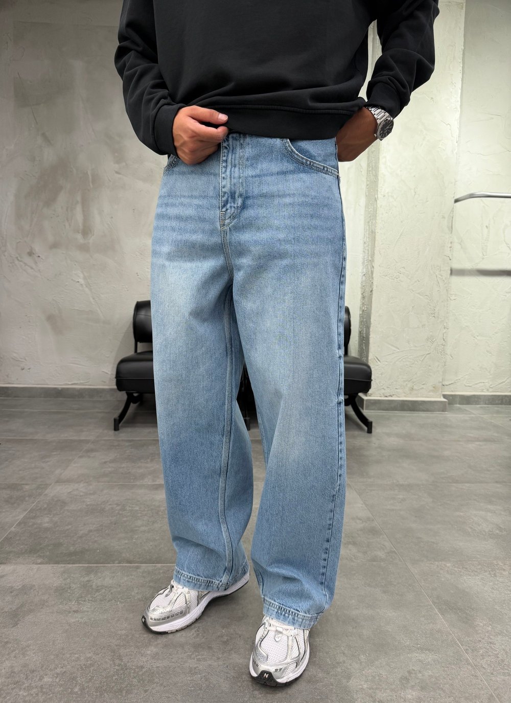 Süper Baggy Yıkamalı Mavi Fit Jean