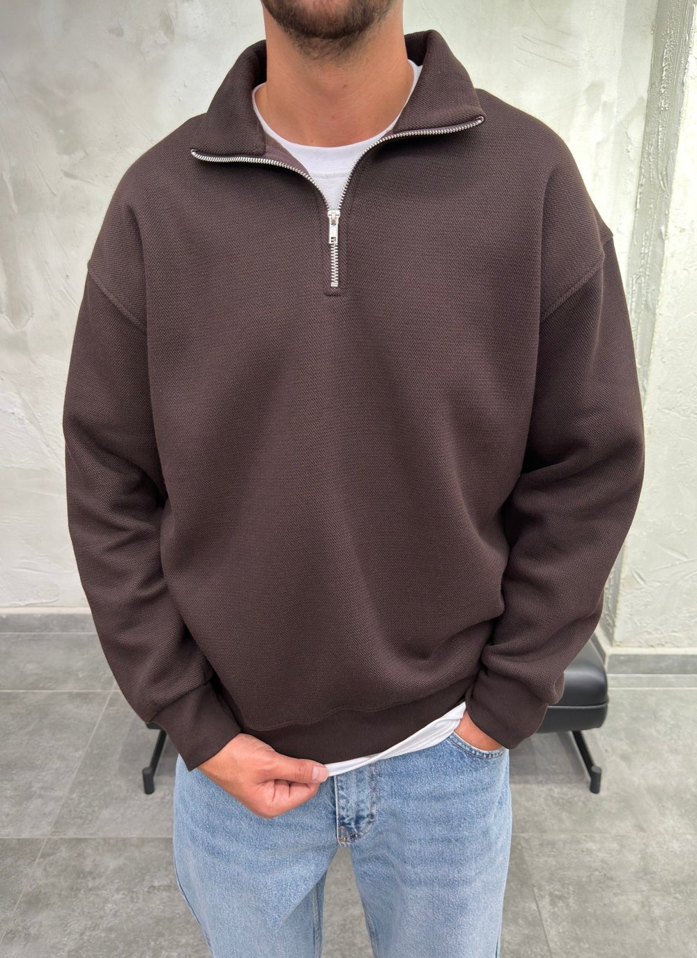 Yaka Yarım Fermuarlı Şardonlu Kahve Sweatshirt