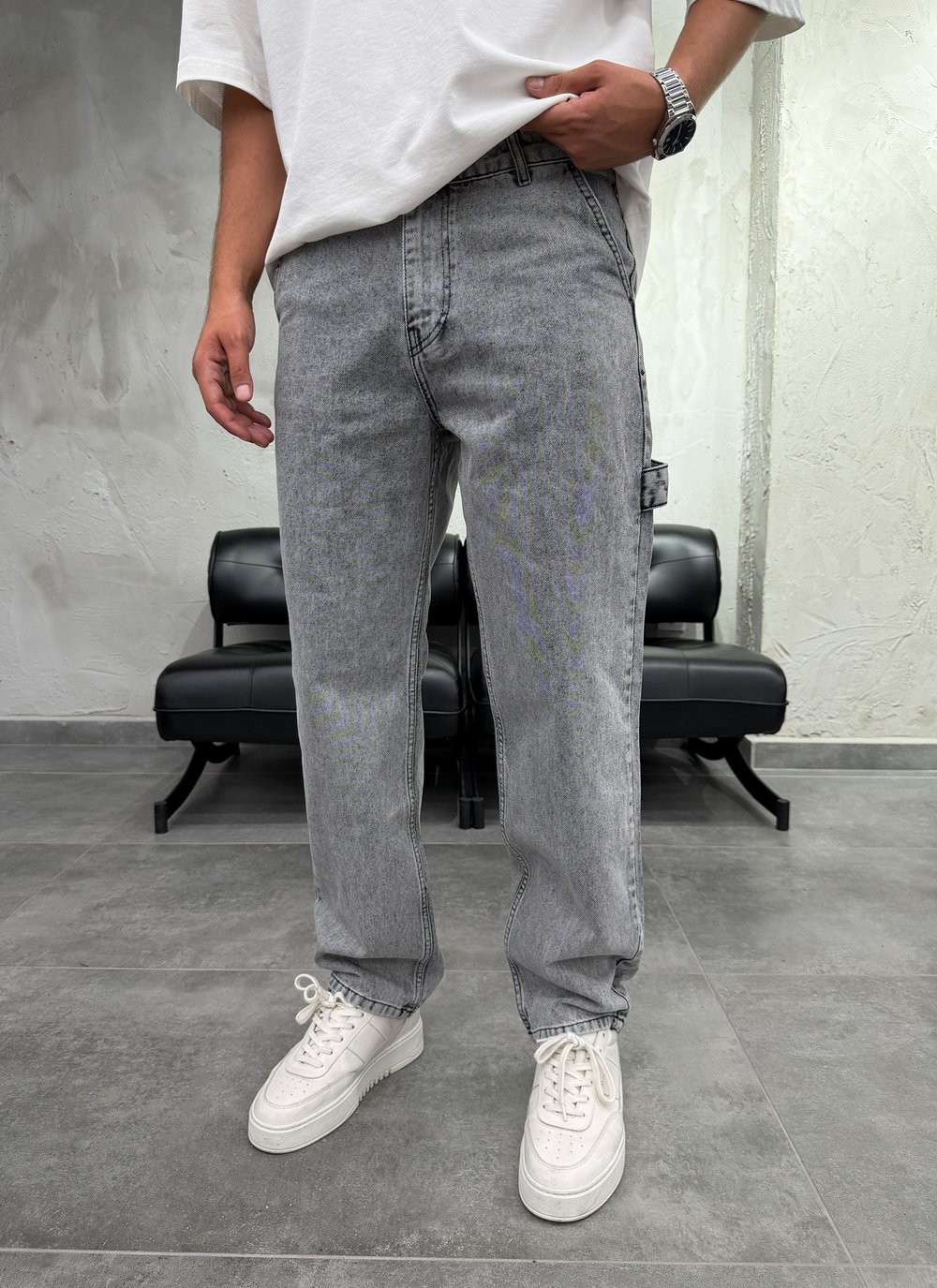 Yan Çift Cepli Antrasit Baggy Jean