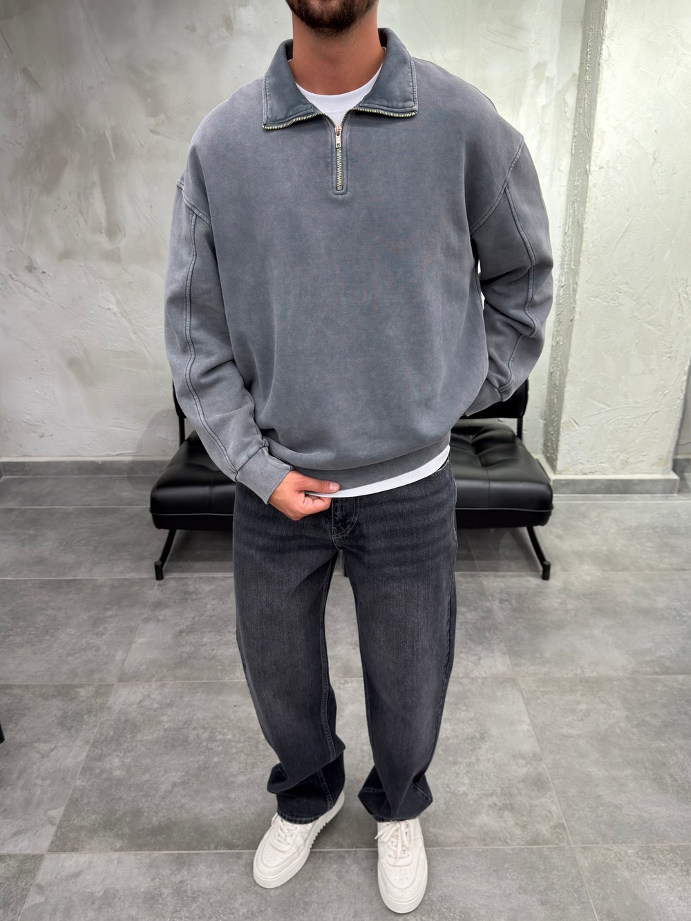 Yarım Fermuar Polo Yaka Yıkamalı Antrasit Sweatshirt