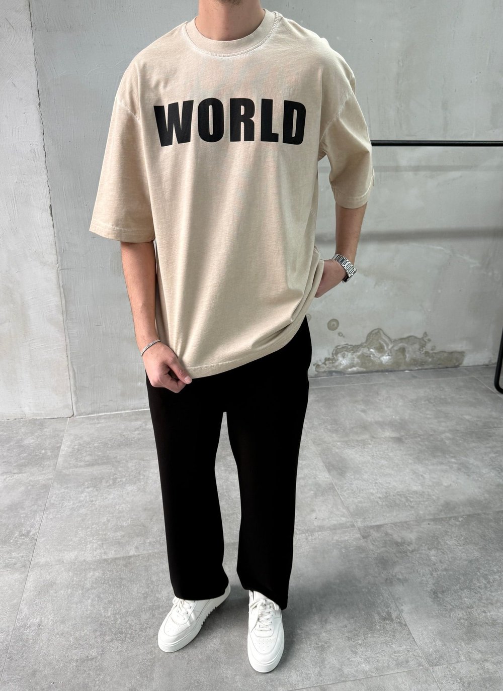Yıkamalı World Baskılı Taş Oversize T-shirt