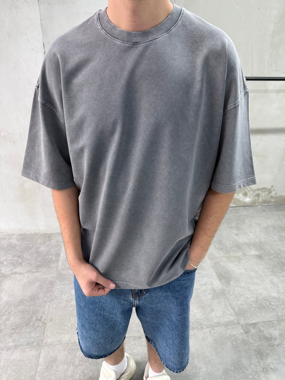 Yıkamalı Yuvarlak Yaka Antrasit Oversize T-shirt