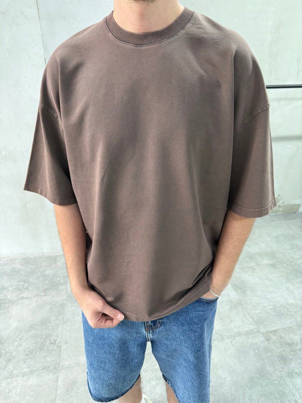 Yıkamalı Yuvarlak Yaka Kahve Oversize T-shirt