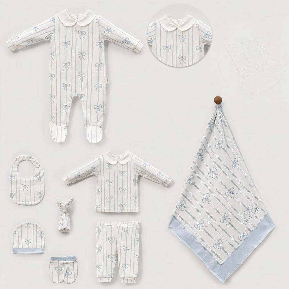 Kız Bebek Mavi Fiyonk Premium 8'li Set