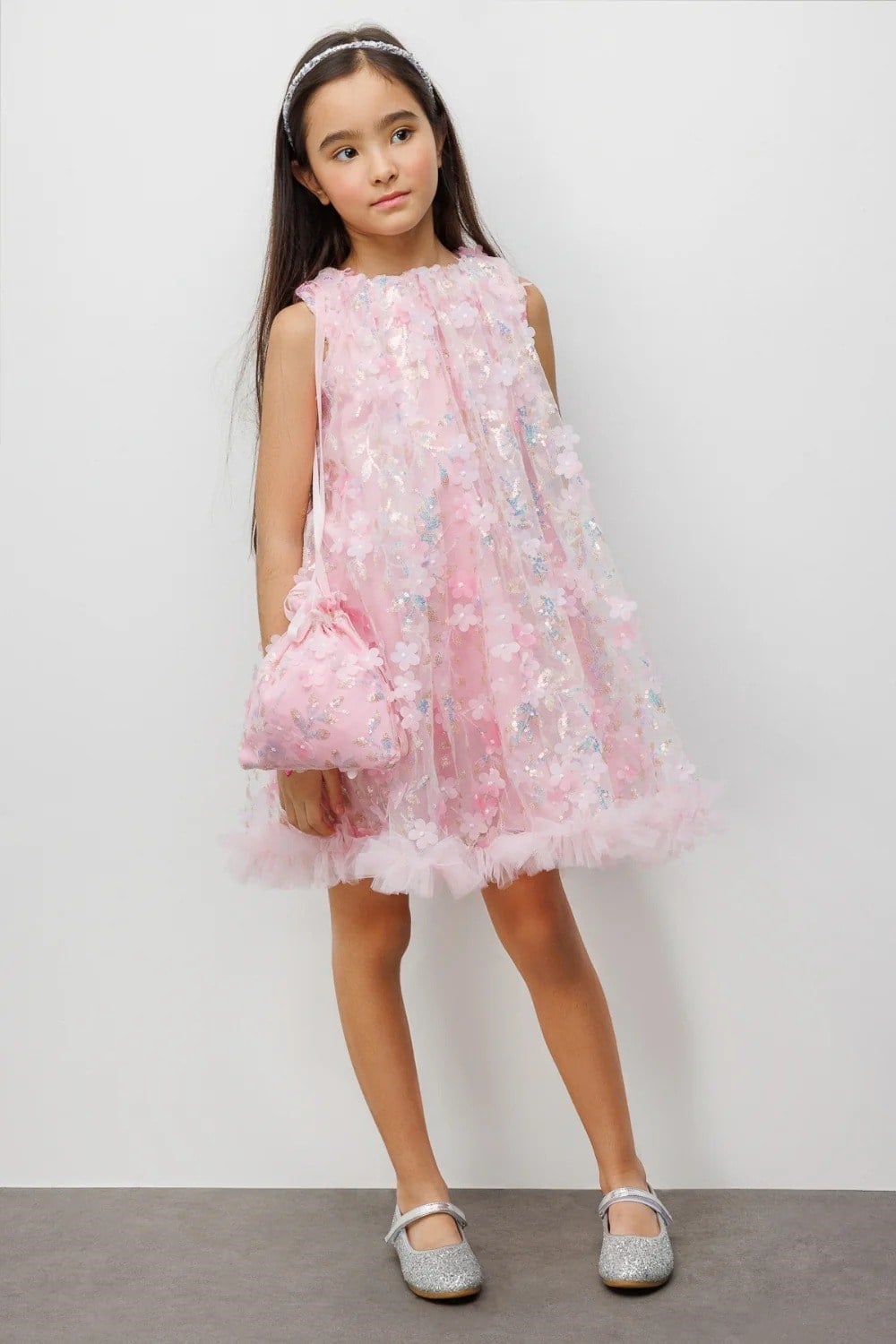 Pembe Çiçek Kabartmalı Kız Çocuk Elbise - Ivory Pembe