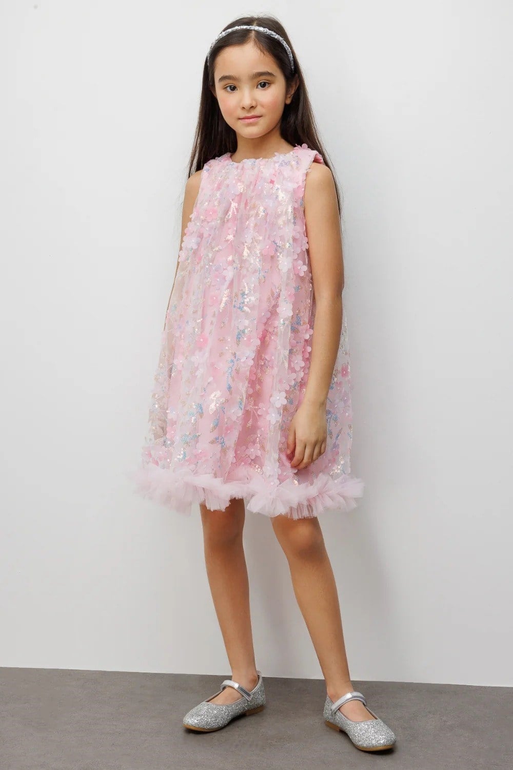 Pembe Çiçek Kabartmalı Kız Çocuk Elbise - Ivory Pembe