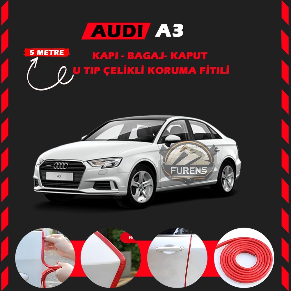 Audi A3 Oto Araç Kapı Koruma Fitili 5metre Parlak Kırmızı Renk