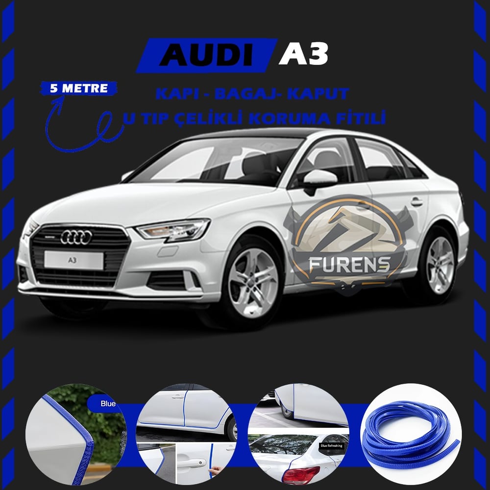 Audi A3 Oto Araç Kapı Koruma Fitili 5metre Parlak Mavi Renk
