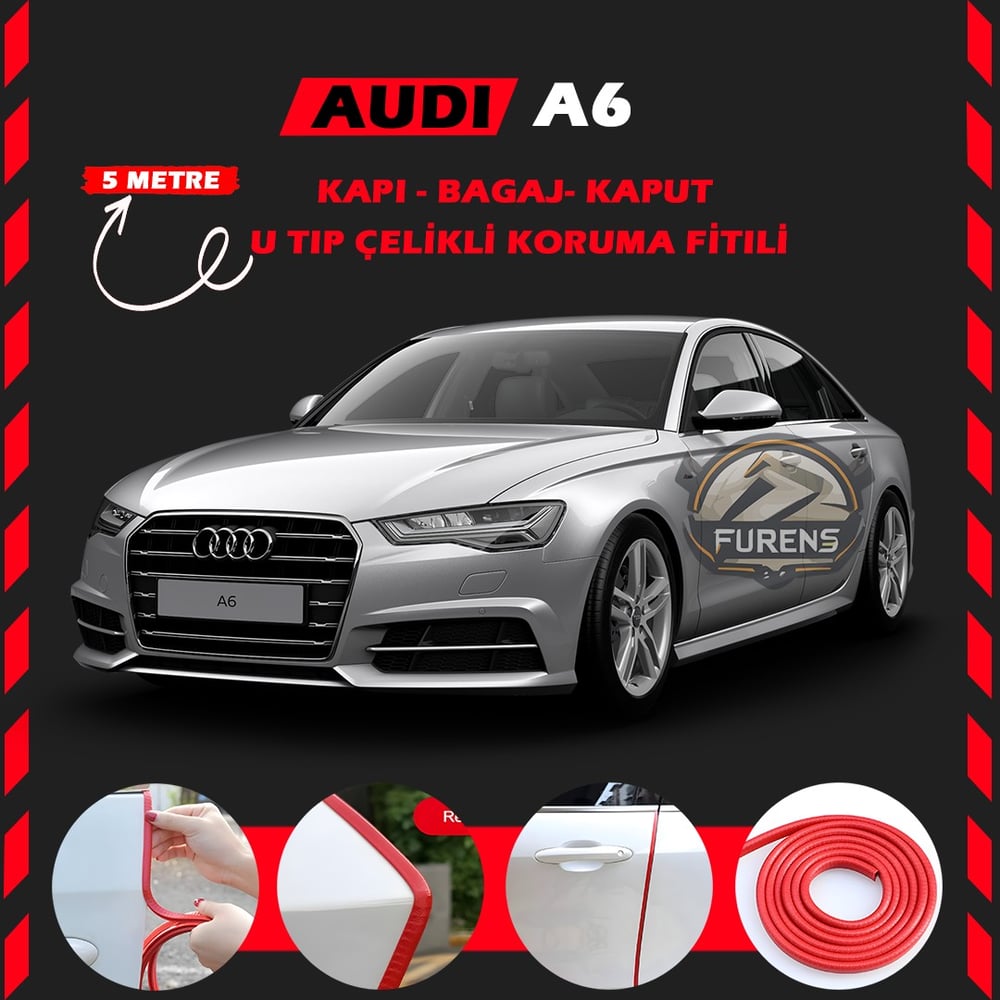 Audi A6  Oto Araç Kapı Koruma Fitili 5metre Parlak Kırmızı Renk