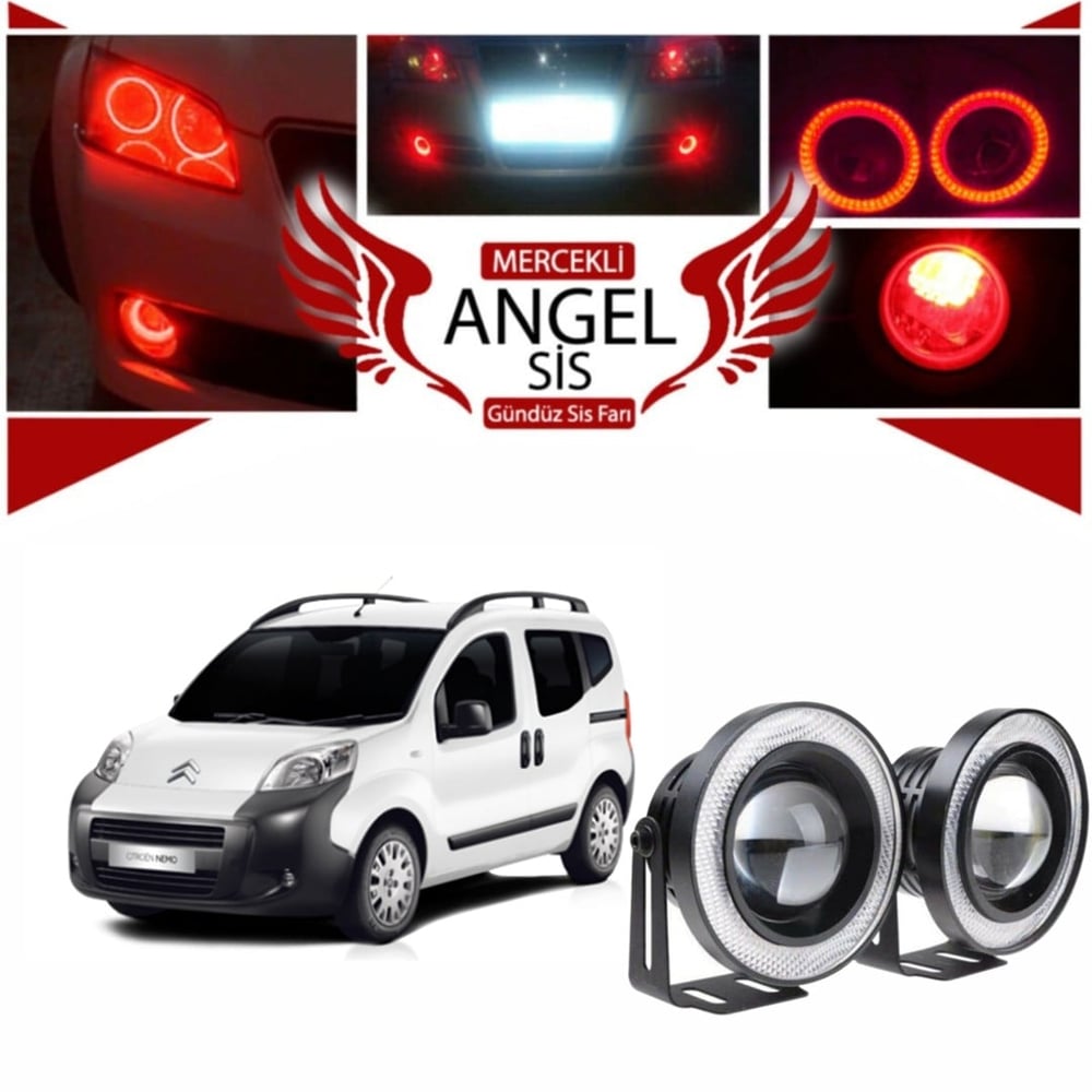 Citroën Nemo Uyumlu, Universal Mercekli Led Angel Sis Farı, 76mm Kırmızı Renk
