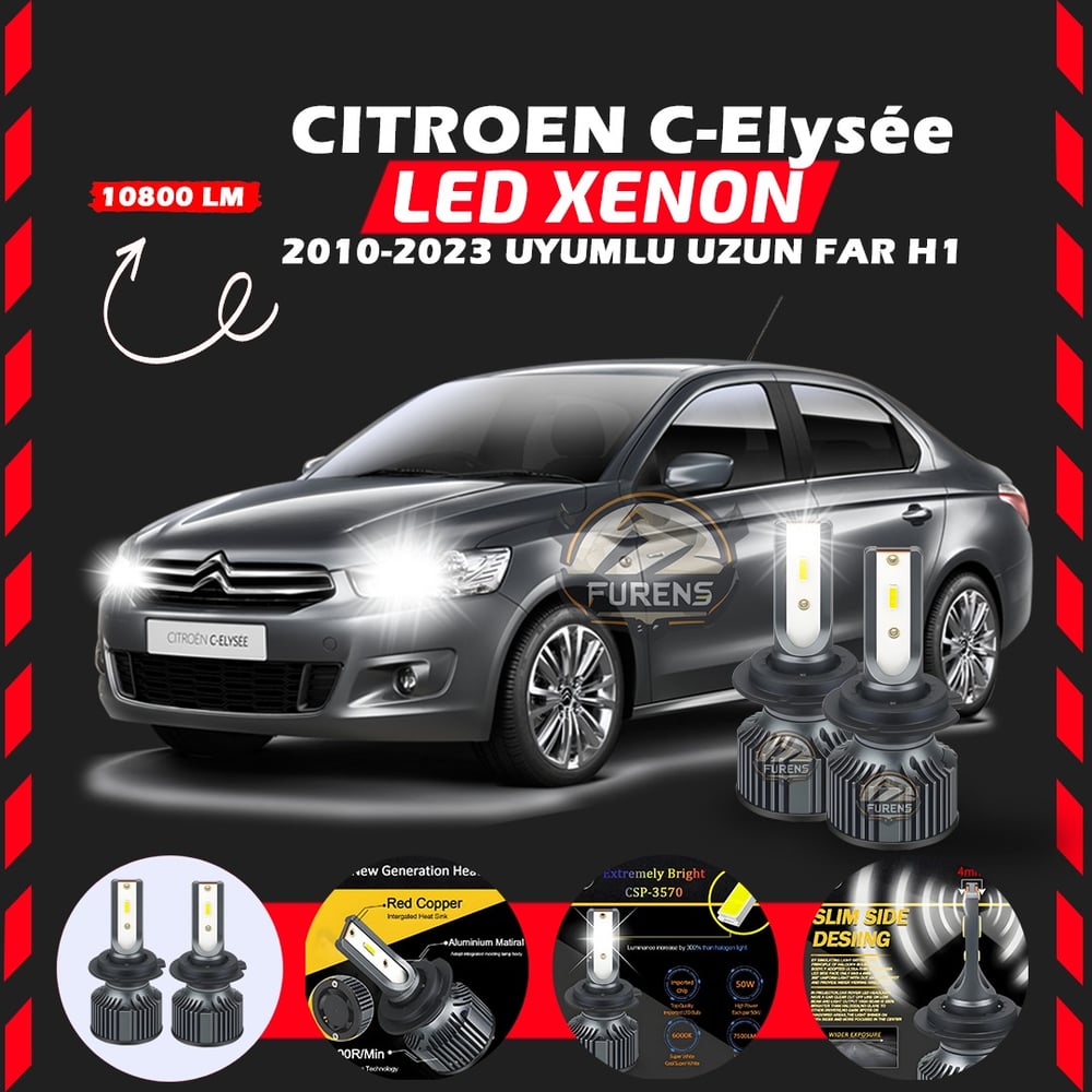 Citroen C-Elysee 2010-2023 Uzun Far Uyumlu Şimşek Etkili Led Xenon Premium Series H1