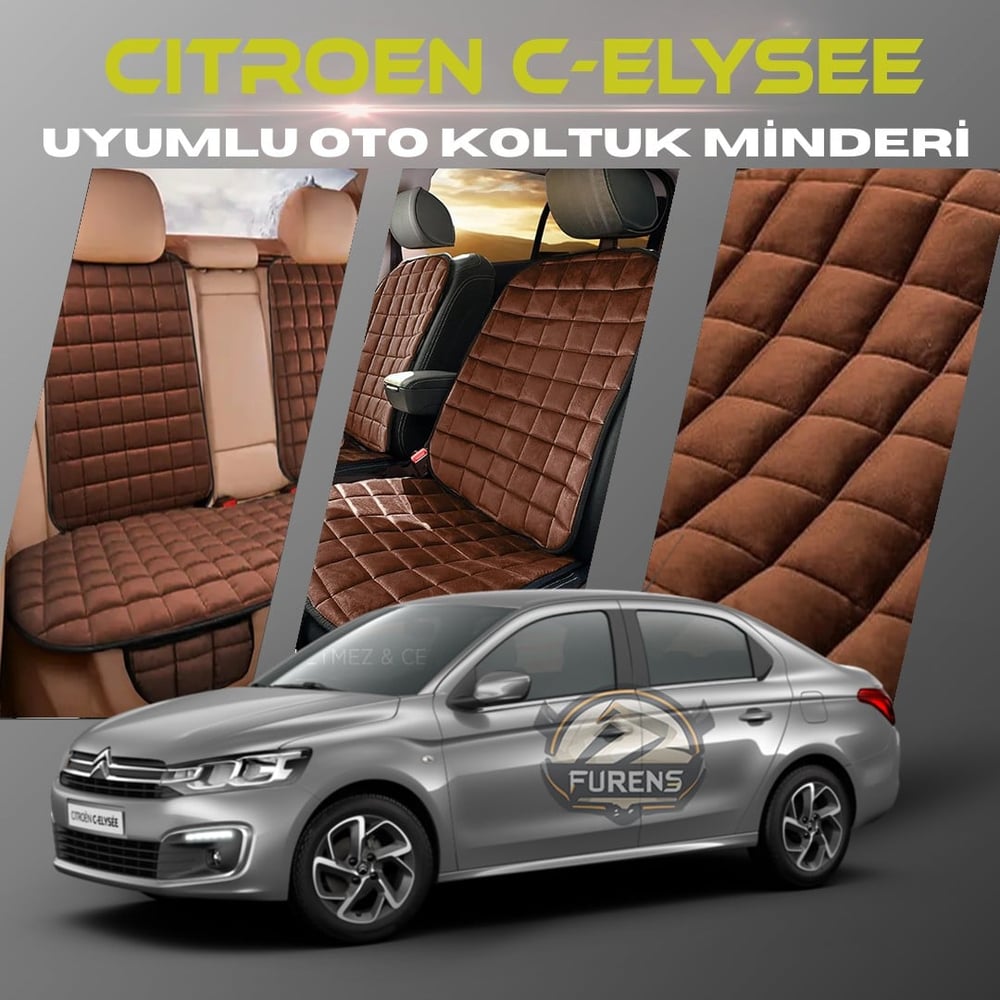 Citroen C-Elysee Kahverengi Renk Tay Tüyü Cepli & Terletmez Sırtlı Oto Koltuk Minder Seti - Koltuk Koruma Kılıfı (ÖN & ARKA TAM SET)