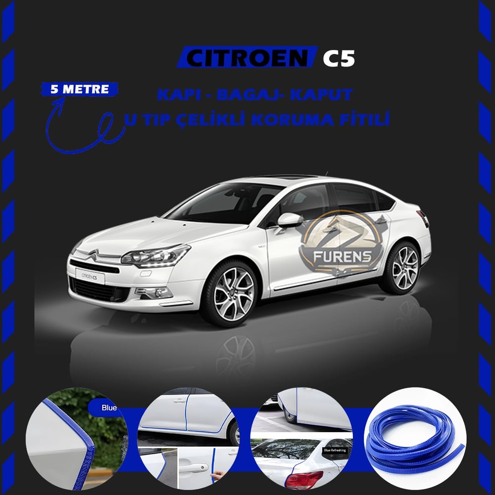 Citroen C-Elysee Oto Araç Kapı Koruma Fitili 5metre Parlak Mavi Renk