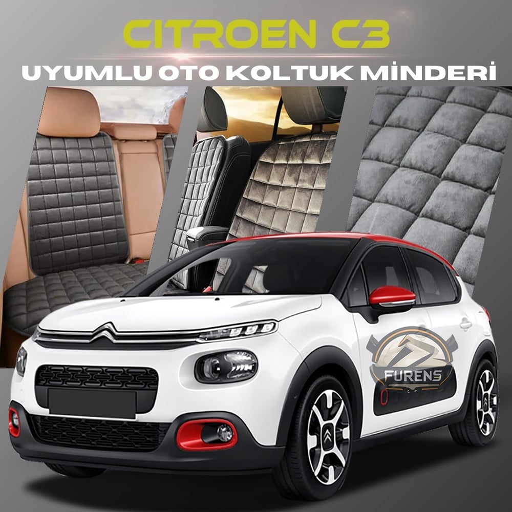 Citroen C3 Antrasit Renk Tay Tüyü Cepli & Terletmez Sırtlı Oto Koltuk Minder Seti - Koltuk Koruma Kılıfı (ÖN & ARKA TAM SET)