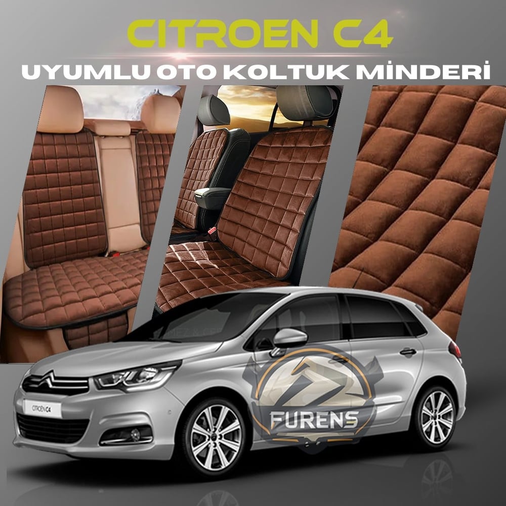 Citroen C4 Kahverengi Renk Tay Tüyü Cepli & Terletmez Sırtlı Oto Koltuk Minder Seti - Koltuk Koruma Kılıfı (ÖN & ARKA TAM SET)