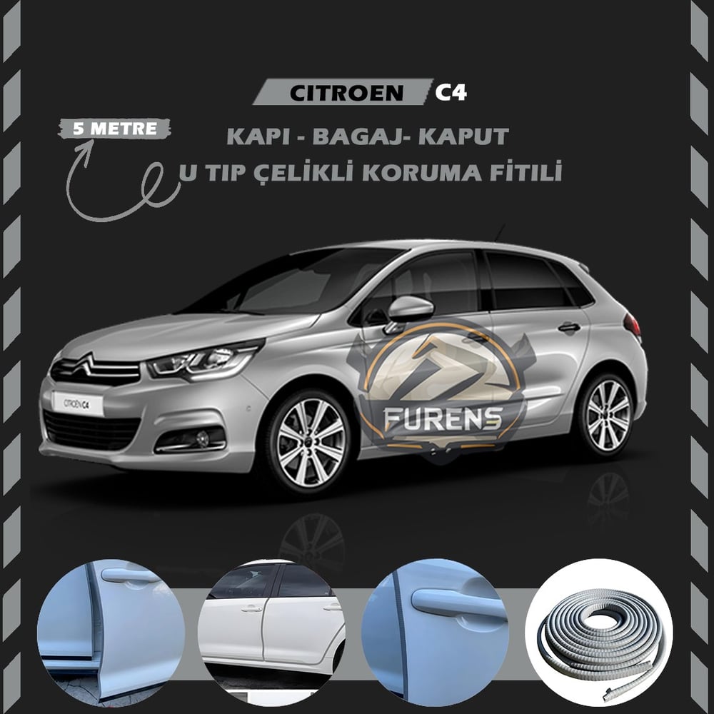 Citroen C4 Oto Araç Kapı Koruma Fitili 5metre Parlak Gri Renk