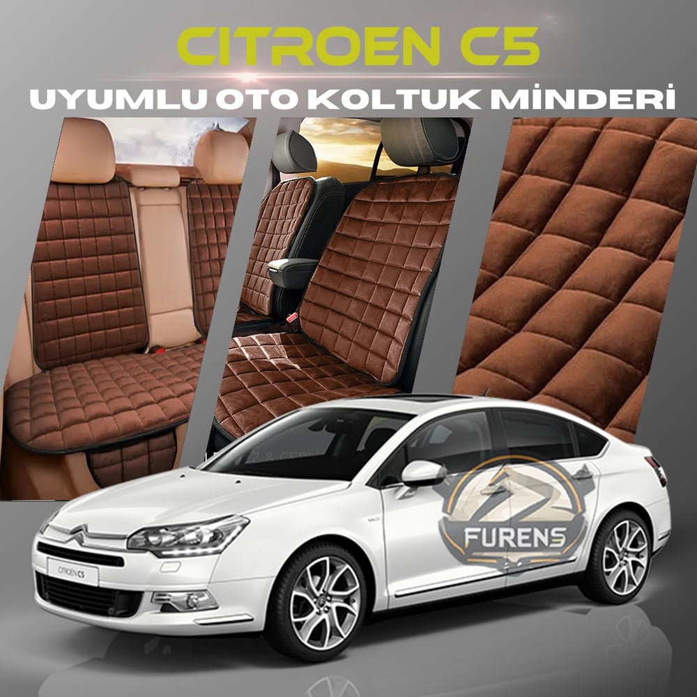 Citroen C5 Kahverengi Renk Tay Tüyü Cepli & Terletmez Sırtlı Oto Koltuk Minder Seti - Koltuk Koruma Kılıfı (ÖN & ARKA TAM SET)