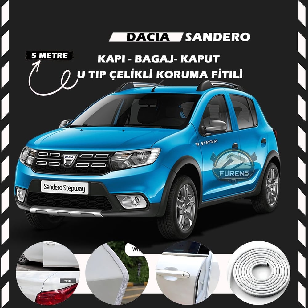 Dacia Sandero Oto Araç Kapı Koruma Fitili 5metre Parlak Beyaz Renk