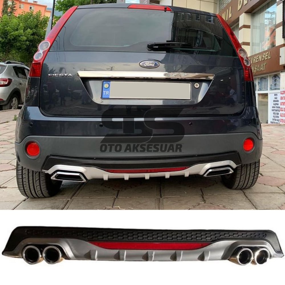 Ford Fiesta 2003-2008 Difüzör Arka Tampon Eki 4 Egzoz Çıkışlı Gri Reflektörlü