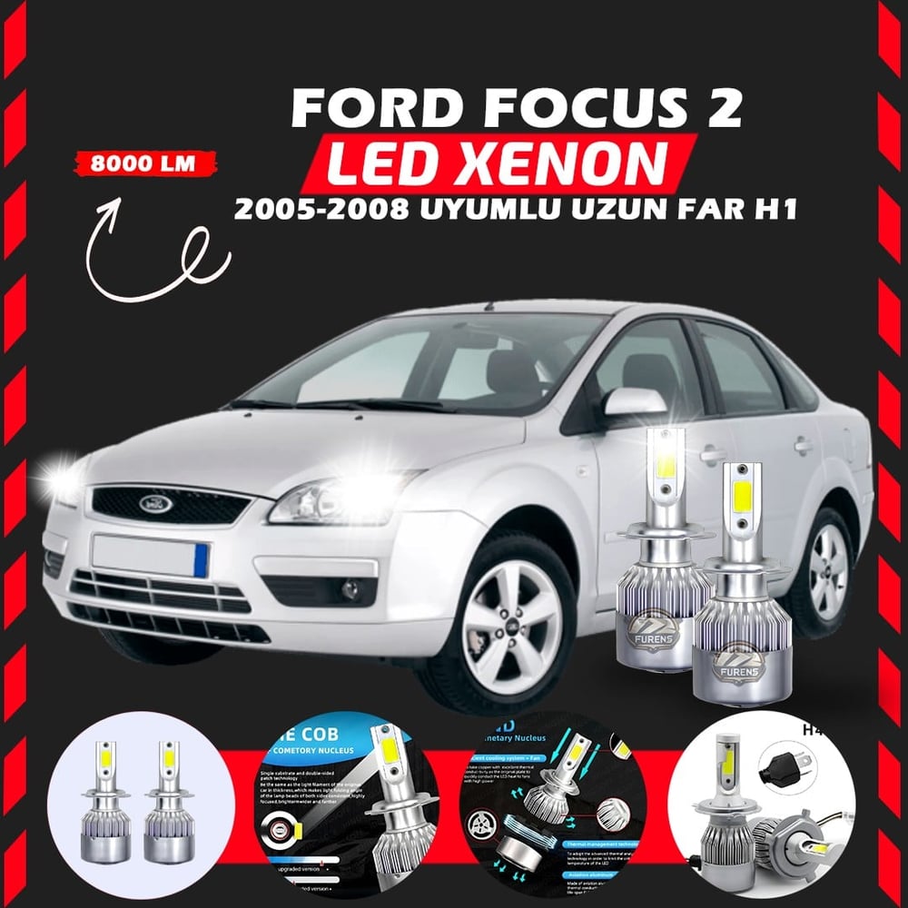Ford Focus 2 2005-2008 Uzun Far Uyumlu Şimşek Etkili Led Xenon Performance Series H1