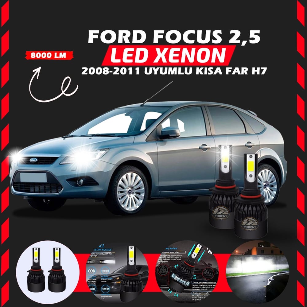 Ford Focus 2.5 2008-2011 Kısa Far Uyumlu Şimşek Etkili Led Xenon Light Series H7
