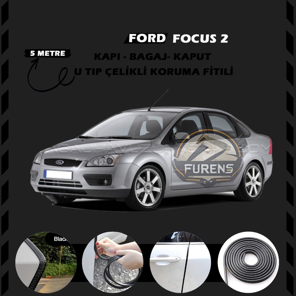 Ford Focus 2 Oto Araç Kapı Koruma Fitili 5metre Parlak Siyah Renk
