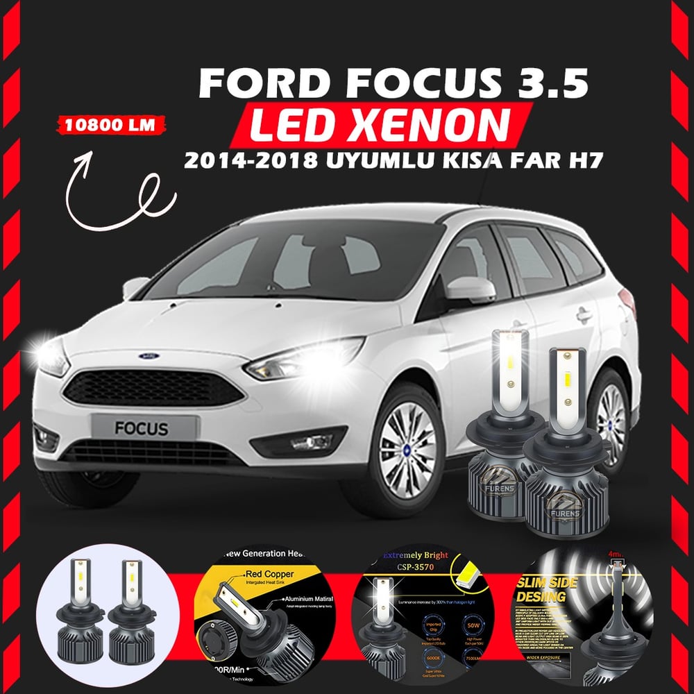 Ford Focus 3.5 2014-2018 Kısa Far Uyumlu Şimşek Etkili Led Xenon Premium Series H7