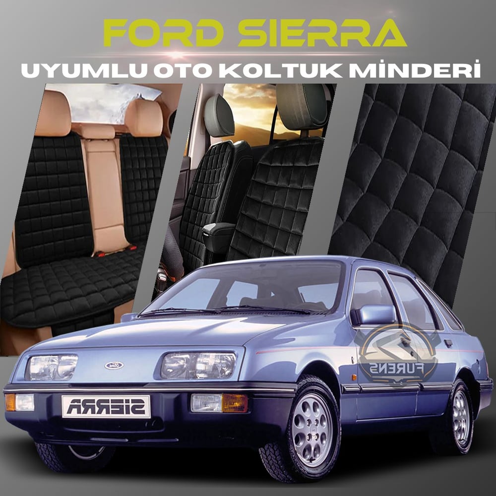 Ford Sierra Siyah Renk Tay Tüyü Cepli & Terletmez Sırtlı Oto Koltuk Minder Seti - Koltuk Koruma Kılıfı (ÖN & ARKA TAM SET)