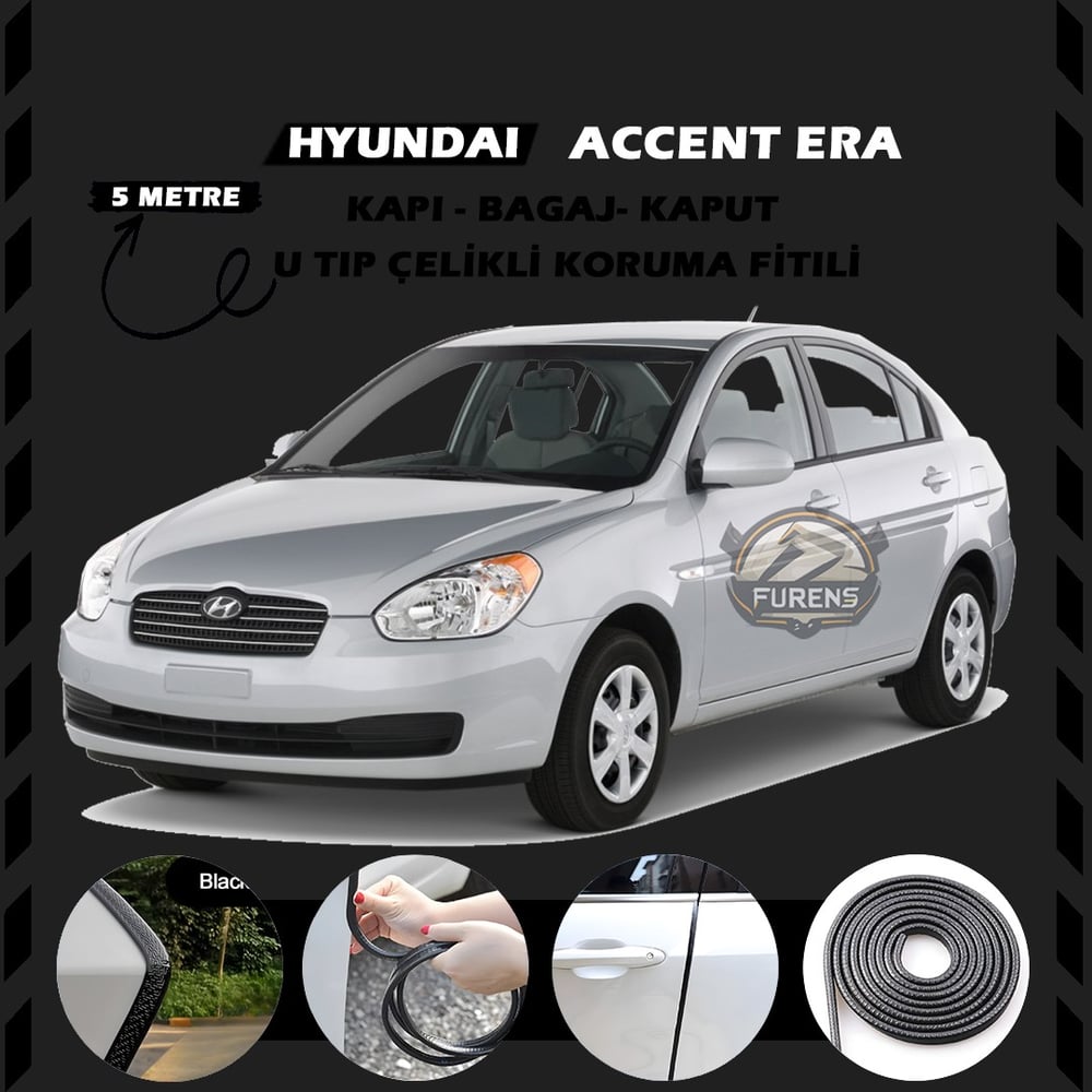 Hyundai Accent Era Oto Araç Kapı Koruma Fitili 5metre Parlak Siyah Renk