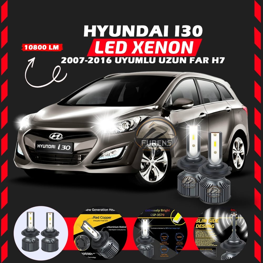 Hyundai İ30 2007-2016 Uzun Far Uyumlu Şimşek Etkili Led Xenon Premium Series H7