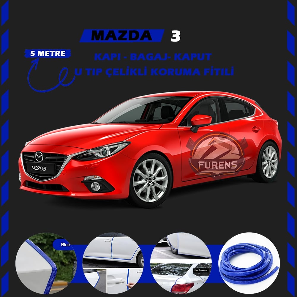 Mazda 3 Oto Araç Kapı Koruma Fitili 5metre Parlak Mavi Renk