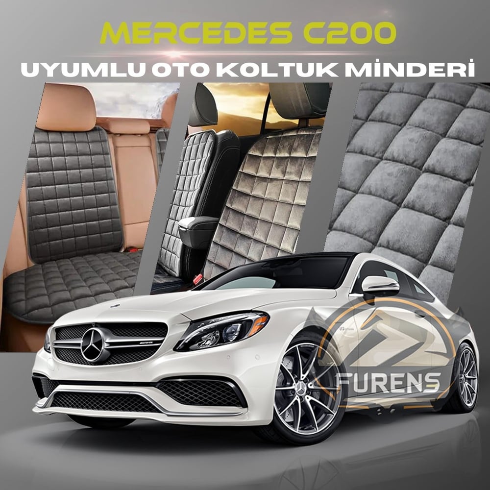 Mercedes C200 Antrasit Renk Tay Tüyü Cepli & Terletmez Sırtlı Oto Koltuk Minder Seti - Koltuk Koruma Kılıfı (ÖN & ARKA TAM SET)