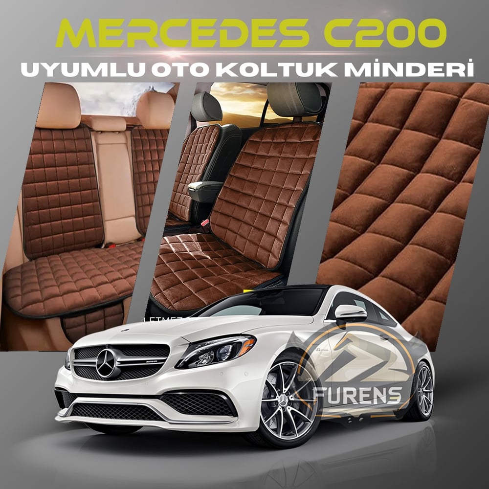 Mercedes C200 Kahverengi Renk Tay Tüyü Cepli & Terletmez Sırtlı Oto Koltuk Minder Seti - Koltuk Koruma Kılıfı (ÖN & ARKA TAM SET)