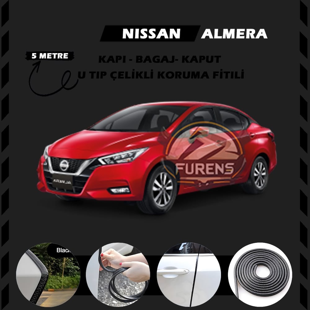 Nissan Almera Oto Araç Kapı Koruma Fitili 5metre Parlak Siyah Renk