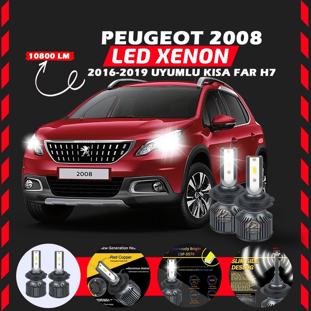 Peugeot 2008 2016-2019 Kısa Far Uyumlu Şimşek Etkili Led Xenon Premium Series H7