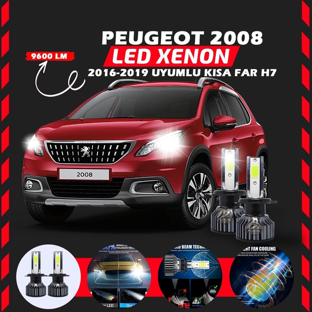 Peugeot 2008 2016-2019 Kısa Far Uyumlu Şimşek Etkili Led Xenon Pro Series H7