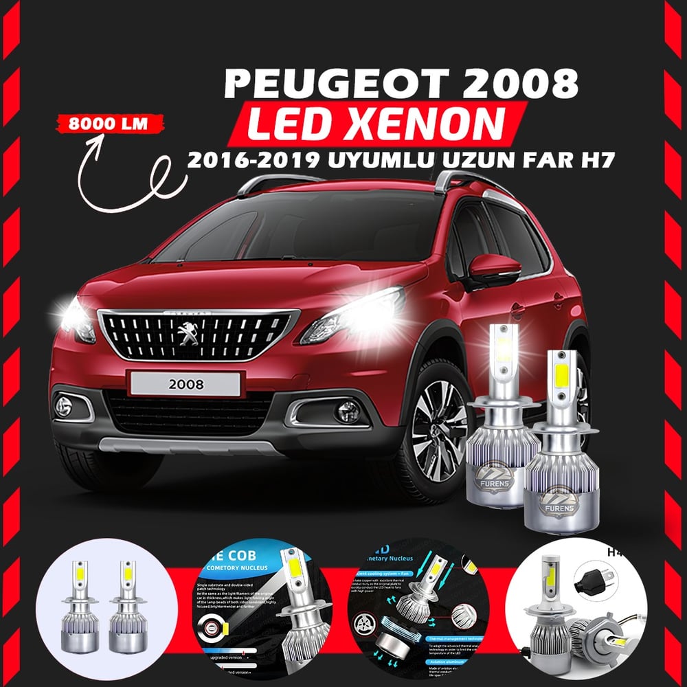 Peugeot 2008 2016-2019 Uzun Far Uyumlu Şimşek Etkili Led Xenon Performance Series H7