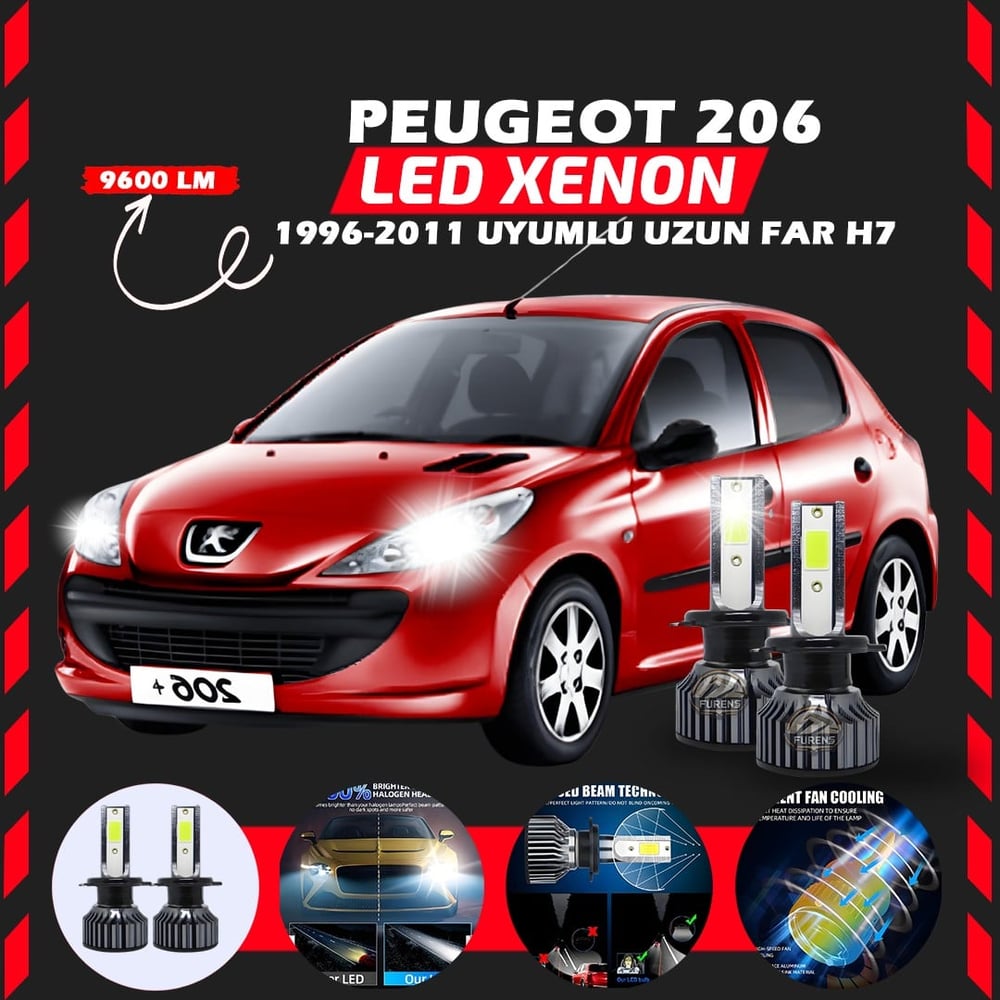 Peugeot 206 1996-2011 Uzun Far Uyumlu Şimşek Etkili Led Xenon Pro Series H7