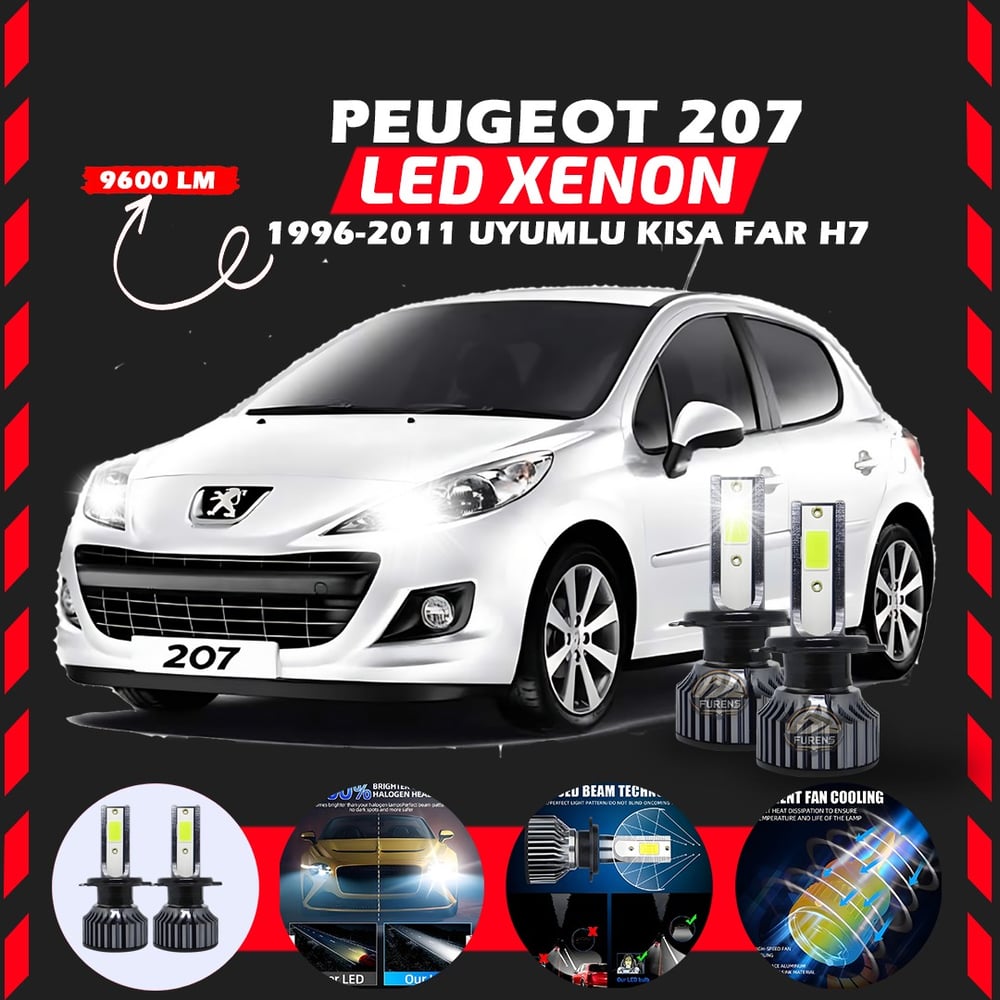 Peugeot 207 1996-2011 Kısa Far Uyumlu Şimşek Etkili Led Xenon Pro Series H7