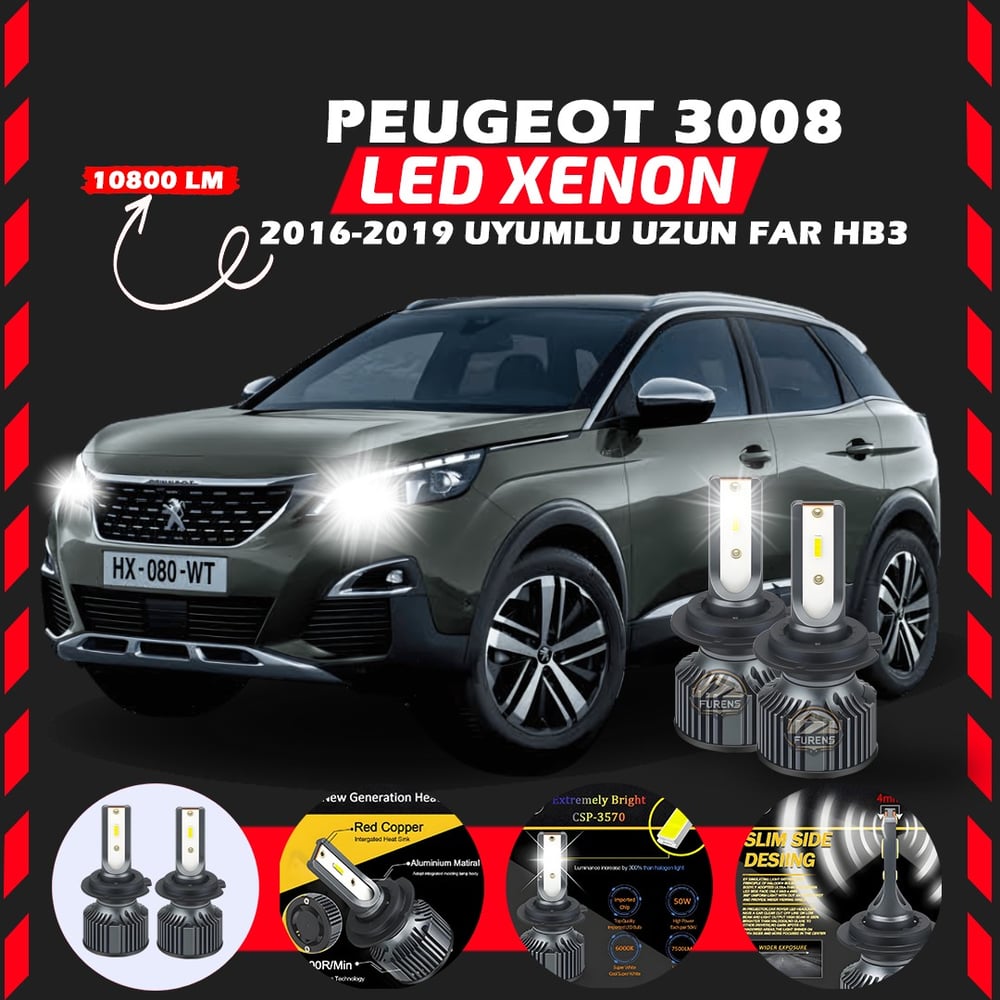 Peugeot 3008 2016-2019 Uzun Far Uyumlu Şimşek Etkili Led Xenon Premium Series HB3