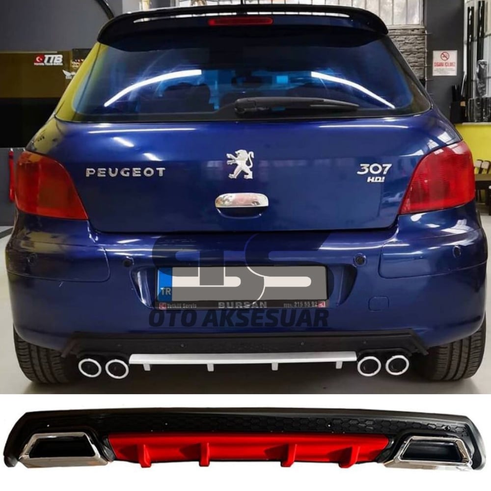 Peugeot 307 Difüzör Arka Tampon Eki 2 Egzoz Çıkışlı Kırmızı Lüx Tip