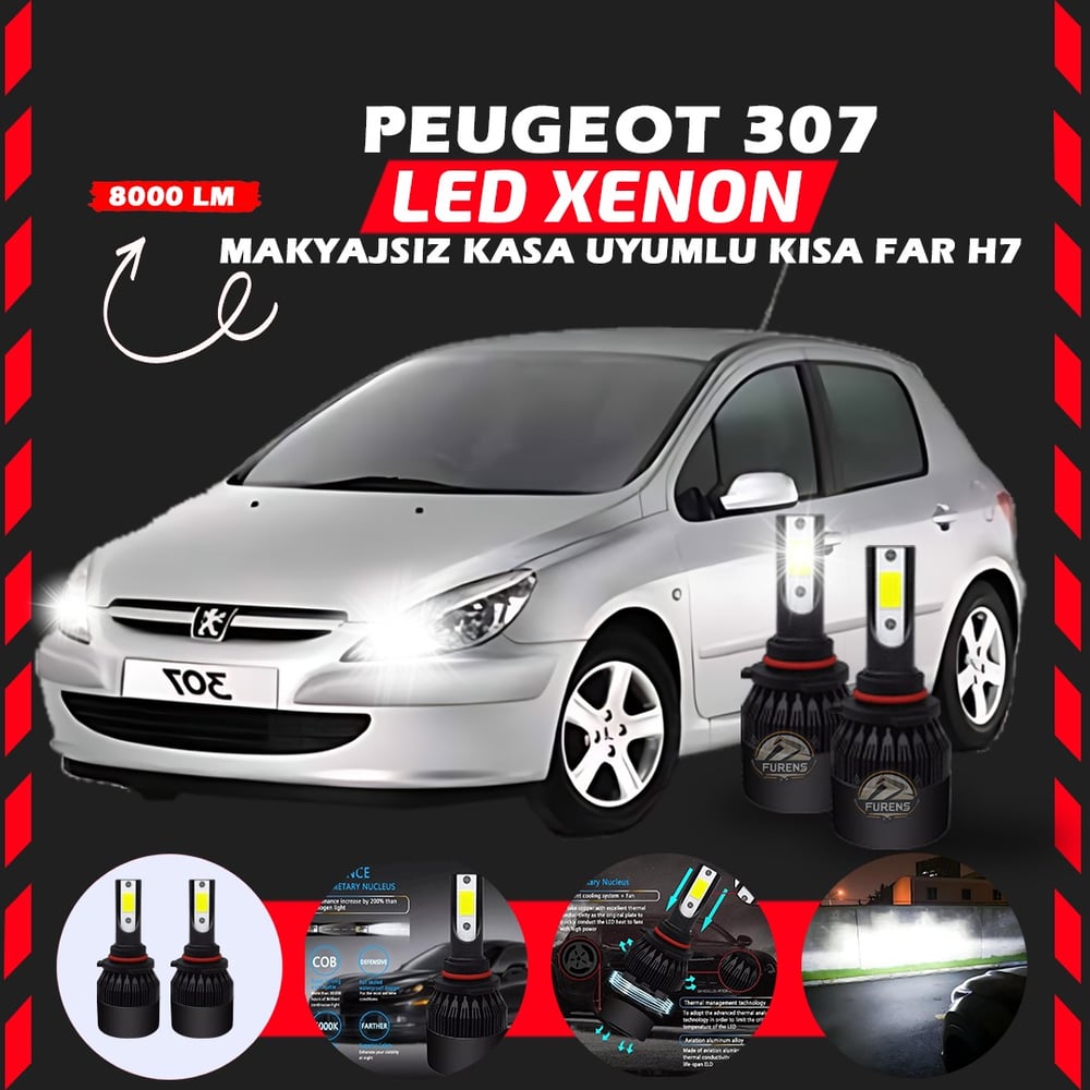 Peugeot 307 Makyajsız Kasa Kısa Far Uyumlu Şimşek Etkili Led Xenon Light Series H7