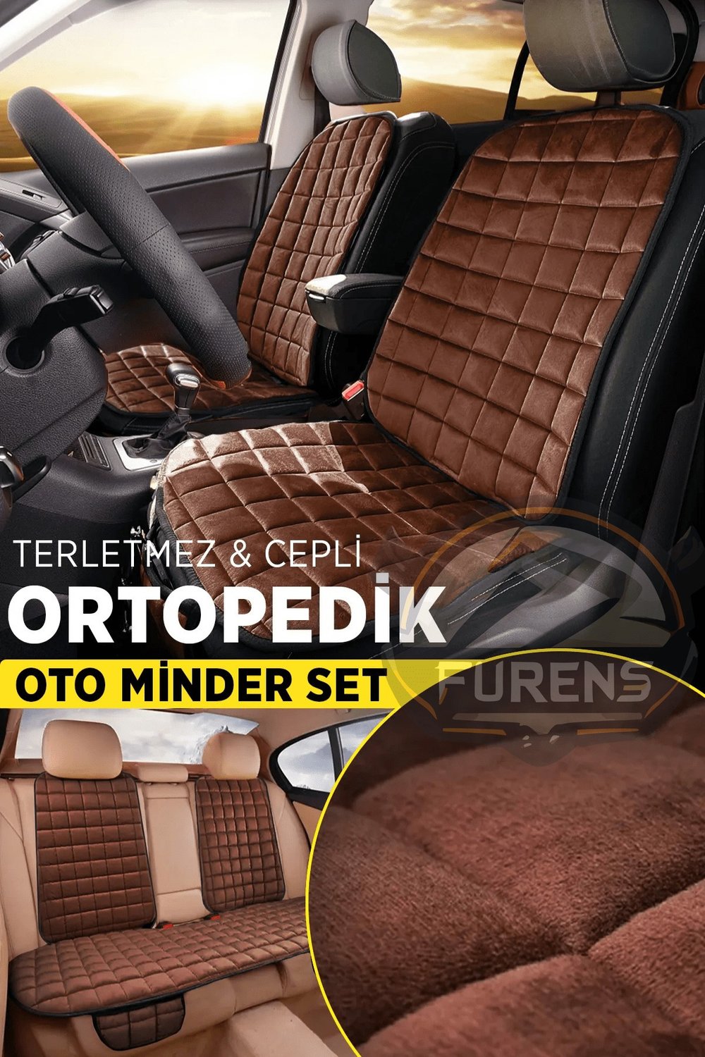 Peugeot 407 Kahverengi Renk Tay Tüyü Cepli & Terletmez Sırtlı Oto Koltuk Minder Seti - Koltuk Koruma Kılıfı (ÖN & ARKA TAM SET)