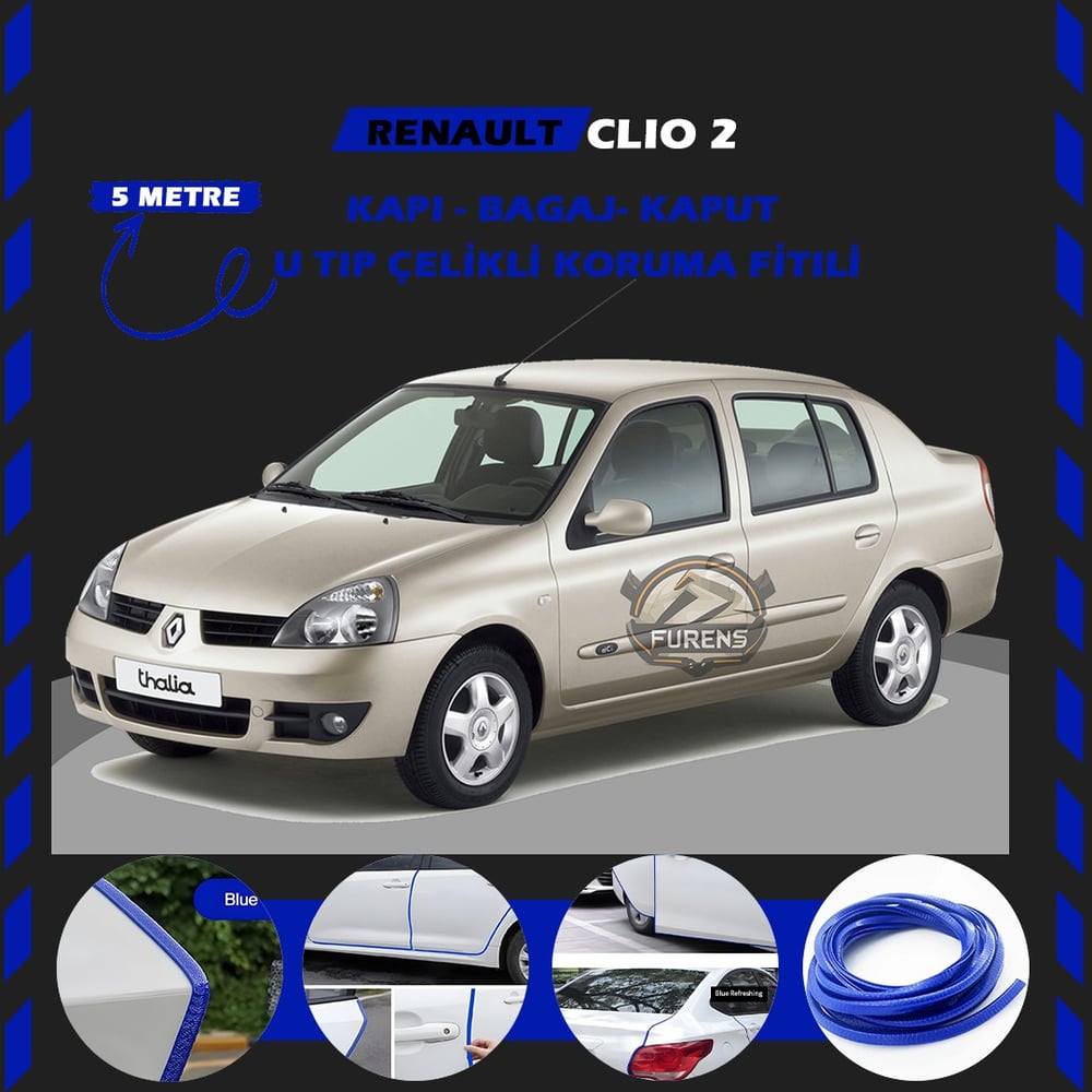 Renault Clio 2 Oto Araç Kapı Koruma Fitili 5metre Parlak Mavi Renk