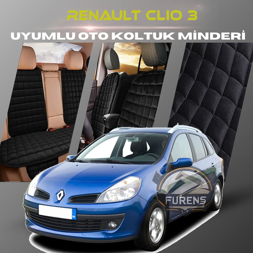 Renault Clio 3 Siyah Renk Tay Tüyü Cepli & Terletmez Sırtlı Oto Koltuk Minder Seti - Koltuk Koruma Kılıfı (ÖN & ARKA TAM SET)