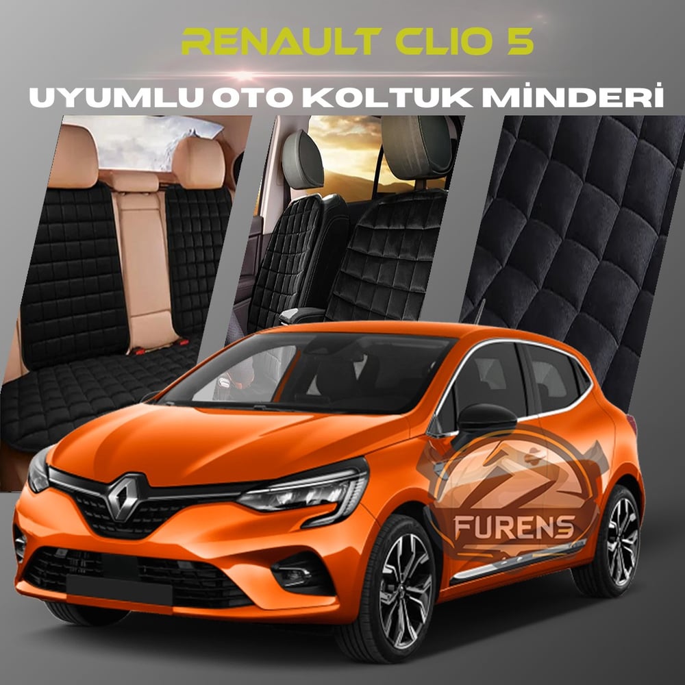 Renault Clio 5 Siyah Renk Tay Tüyü Cepli & Terletmez Sırtlı Oto Koltuk Minder Seti - Koltuk Koruma Kılıfı (ÖN & ARKA TAM SET)