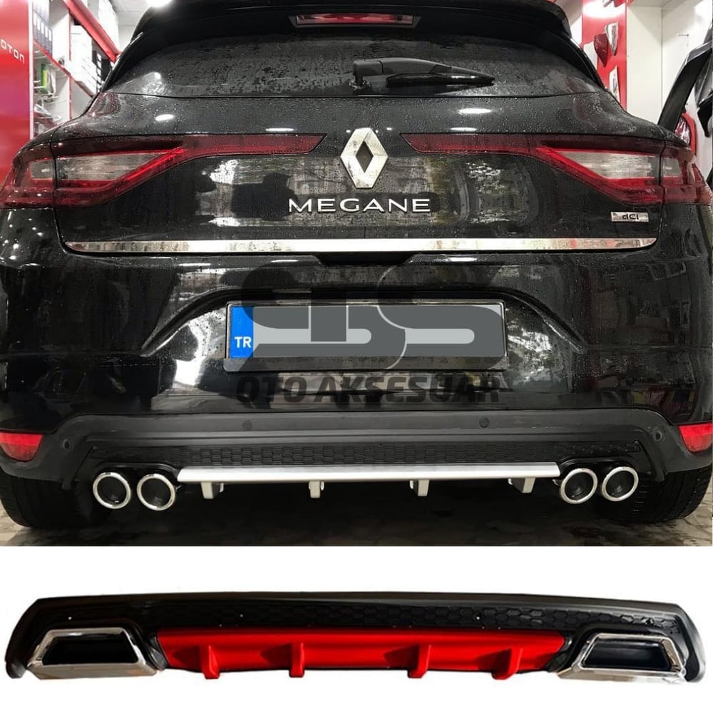 Renault Megane 4 Difüzör Arka Tampon Eki 2 Egzoz Çıkışlı Kırmızı Lüx Tip
