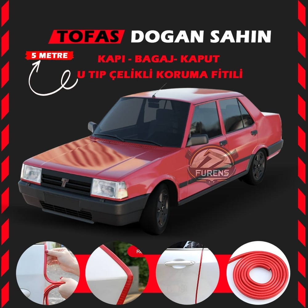 Tofaş Doğan Oto Araç Kapı Koruma Fitili 5metre Parlak Kırmızı Renk