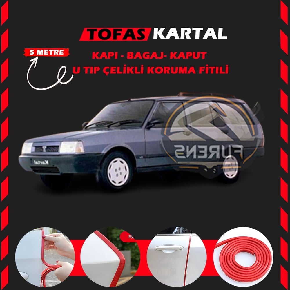 Tofaş Kartal Oto Araç Kapı Koruma Fitili 5metre Parlak Kırmızı Renk